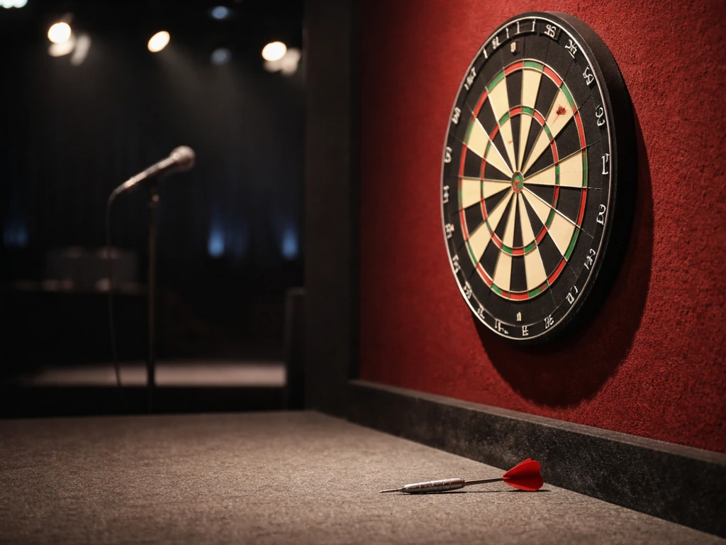 Close-up of a dartboard with a dart and a blurred media/broadcast setup behind it.