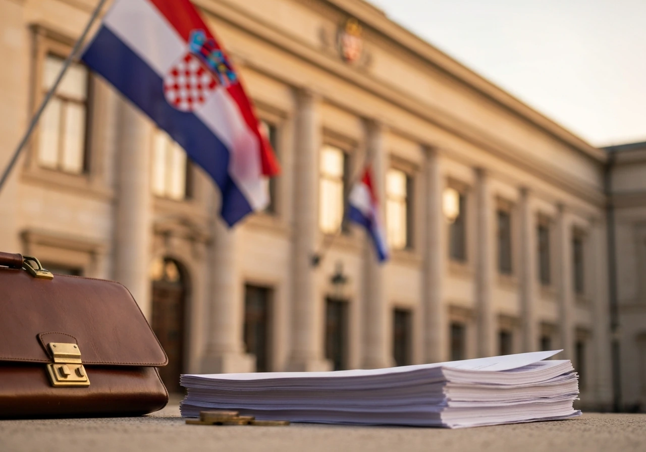 Croatian flag beside a formal government building with a briefcase and euro coins symbolizing wealth transparency.