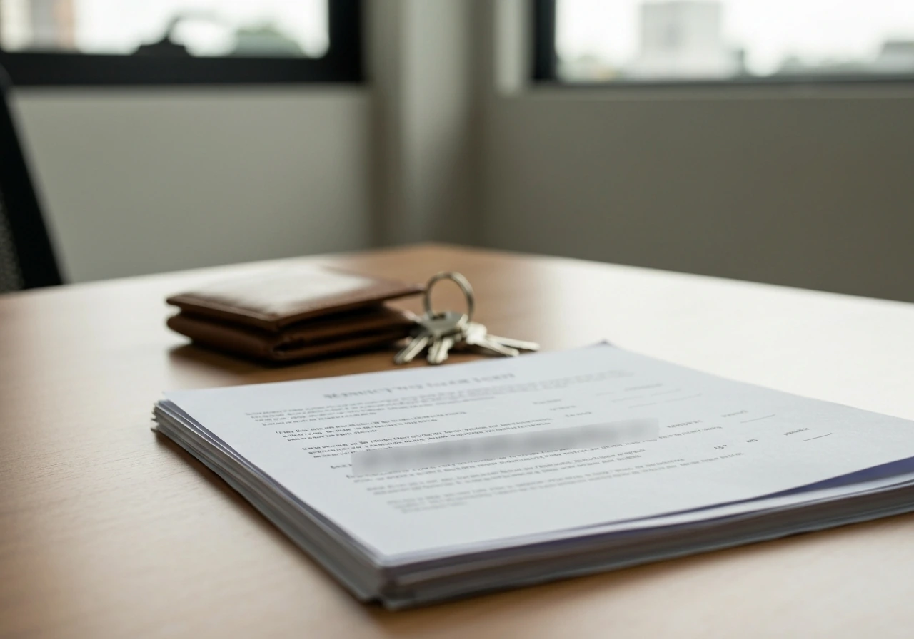 Blurred redacted documents on a desk beside a neatly placed set of keys and small wallet, wealth-declaration mood.