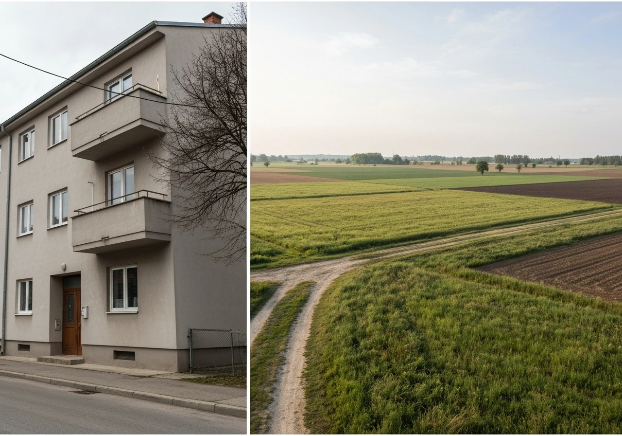 Side-by-side view of a Zagreb apartment exterior and quiet Croatian rural farmland parcels.