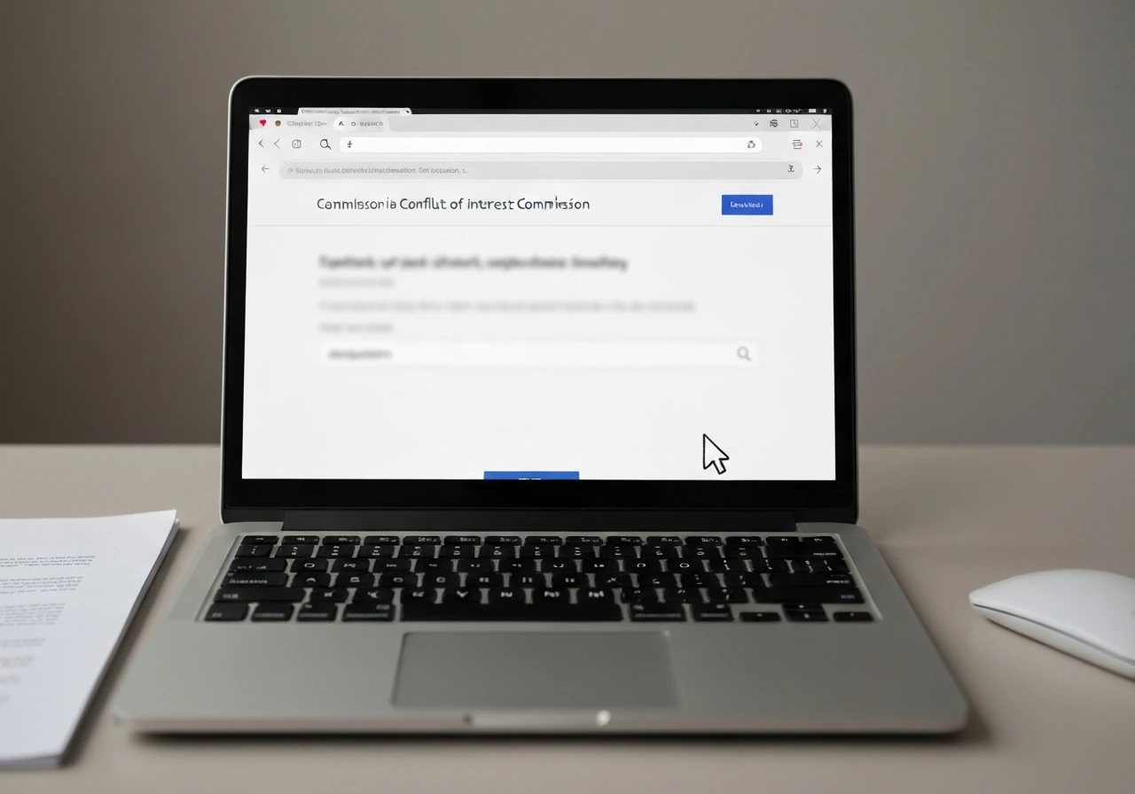 Laptop showing a blurred commission site search field with a cursor hovering over the search input.