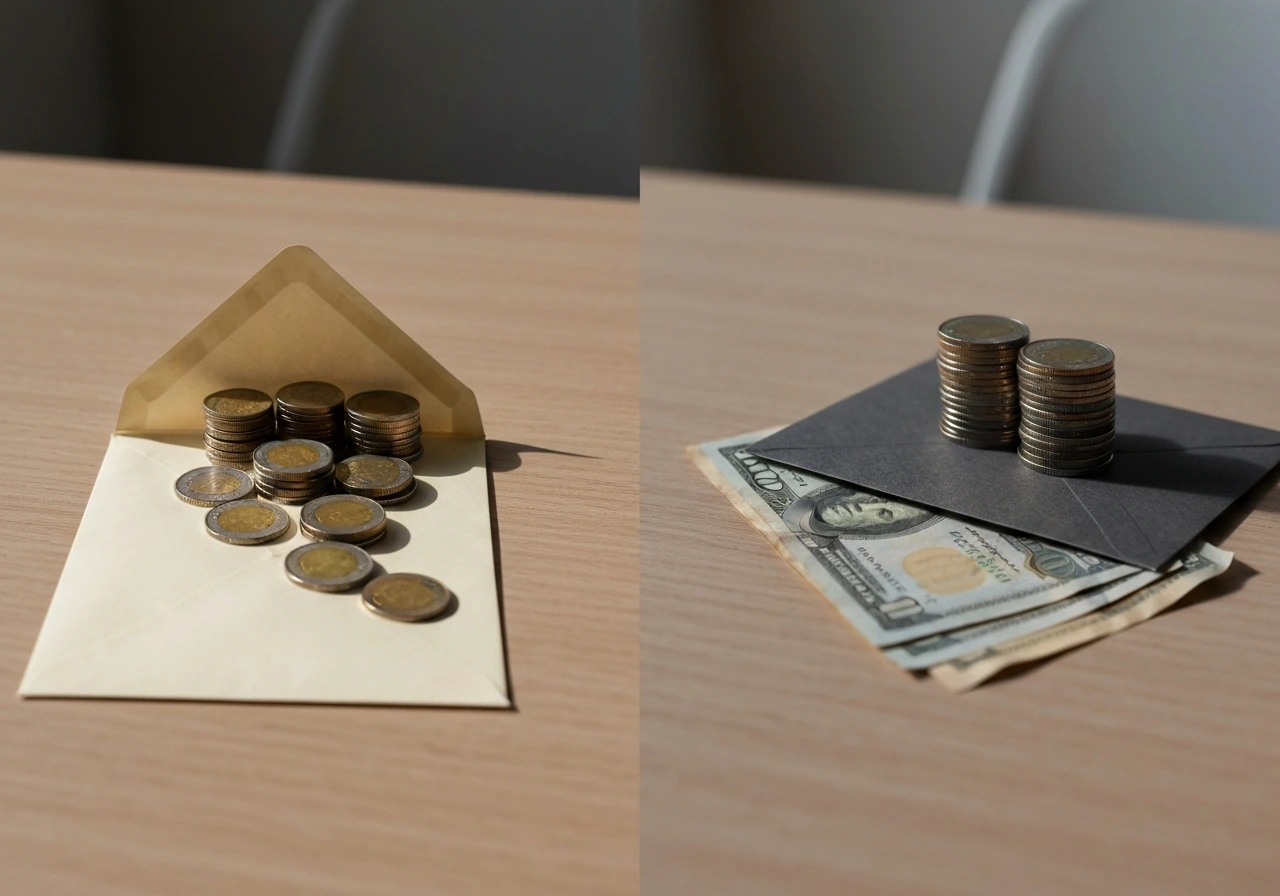 Minimal office scene with two different-looking envelopes and coins suggesting conflicting net worth estimates