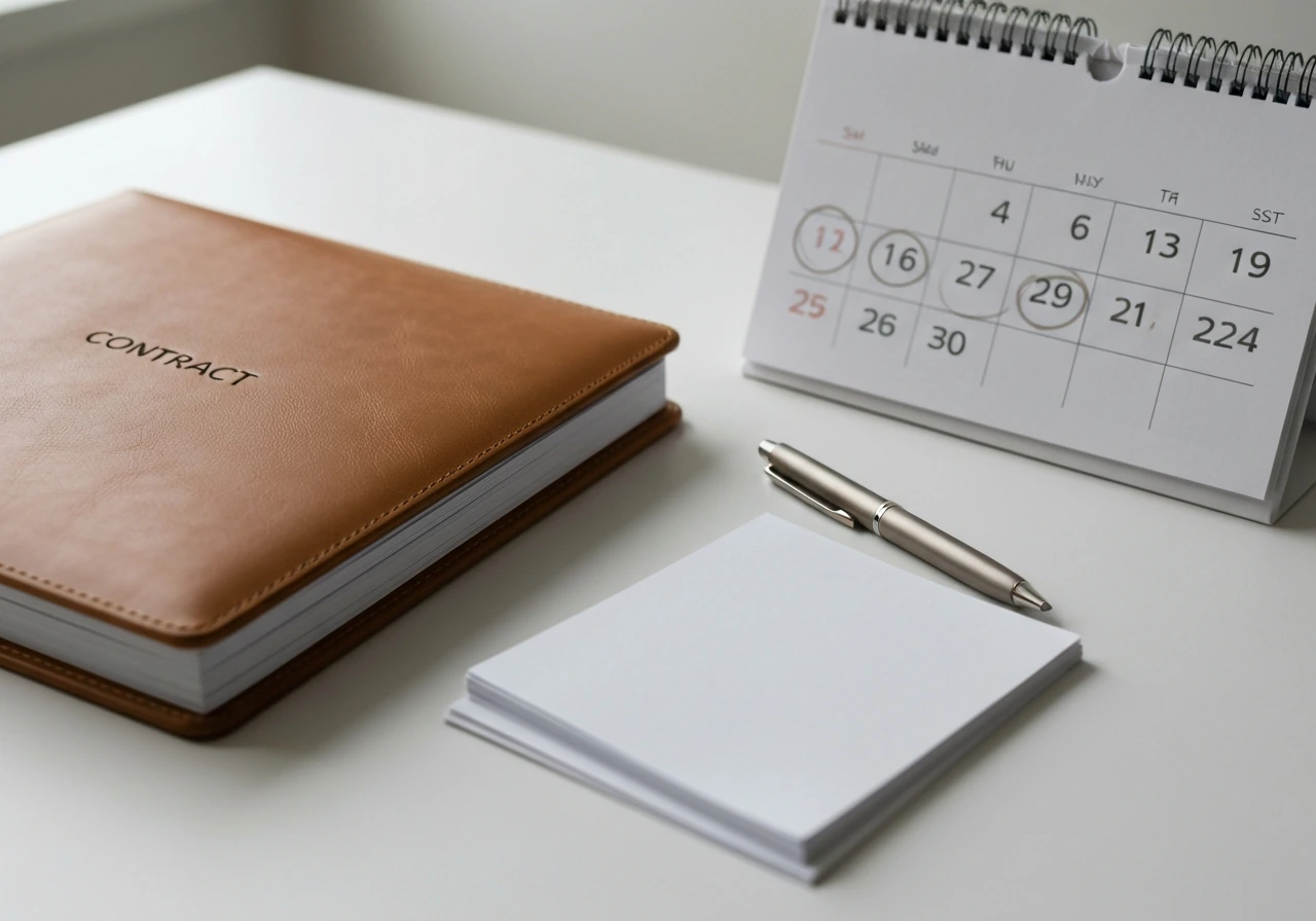 Minimal desk scene with a small calendar and a sealed contract folder to suggest changing contract salary over time.