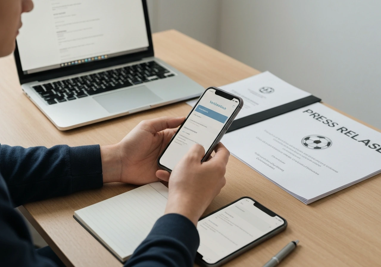 Hands checking a phone and laptop on a desk with notepad and press-release folder, suggesting verification steps.