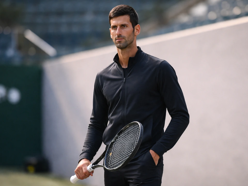 A tennis player in an athletic jacket stands with a racket near a blurred sponsor backdrop at a stadium event.