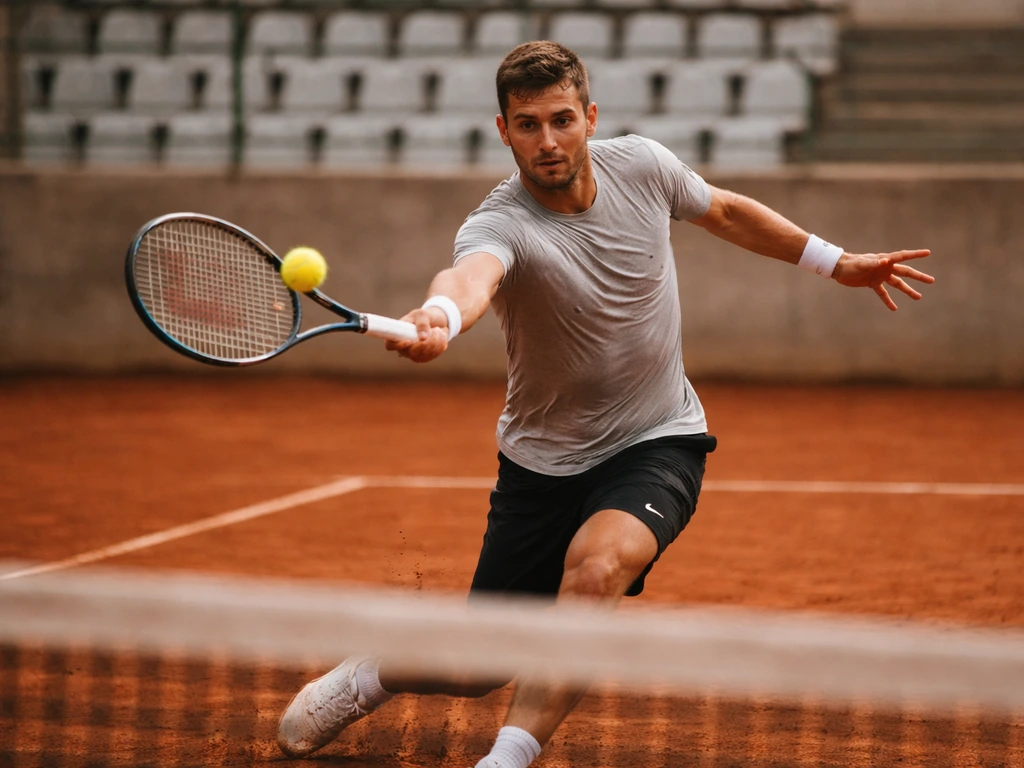 Filip Krajinović playing tennis on a red clay court, mid-forehand swing.