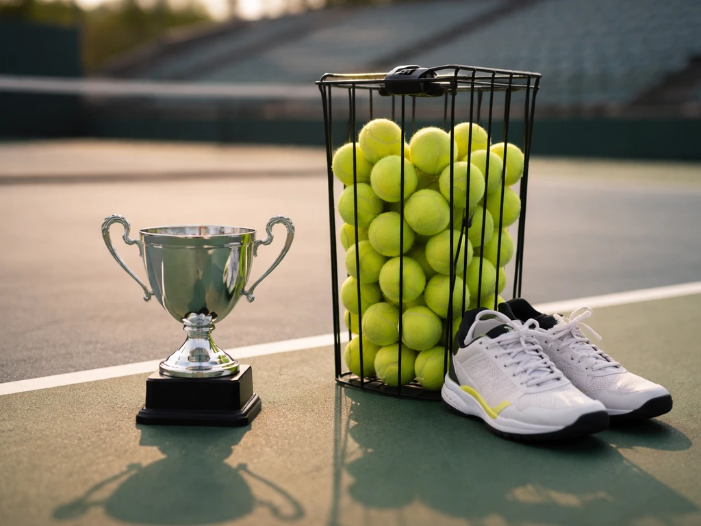 Trophy and tennis ball-rack on an empty hard court, symbolizing tennis prize money.