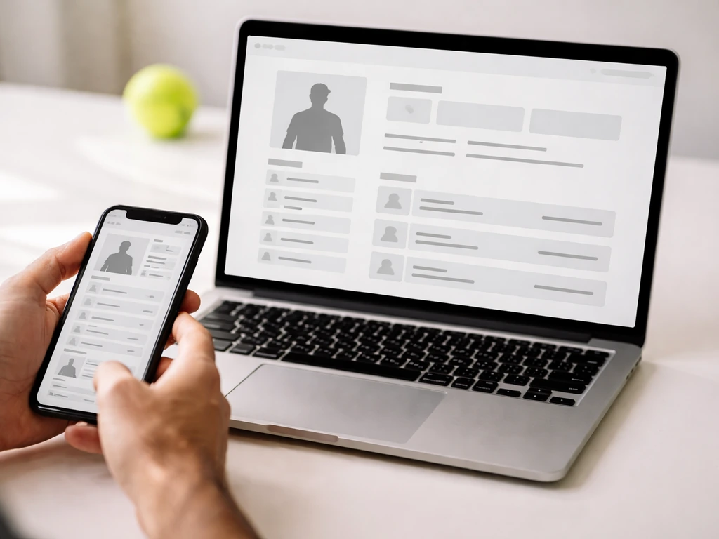 Hands reviewing a tennis-player profile page on a phone and laptop screen on a quiet desk.