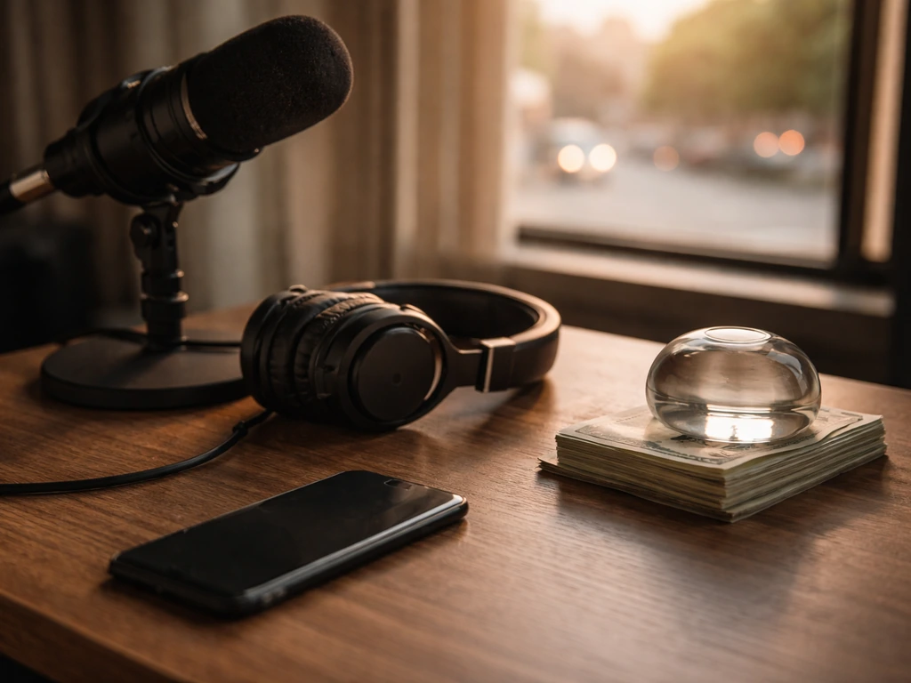 Minimal recording-studio desk with microphone and subtle cash symbolism for net-worth verification context