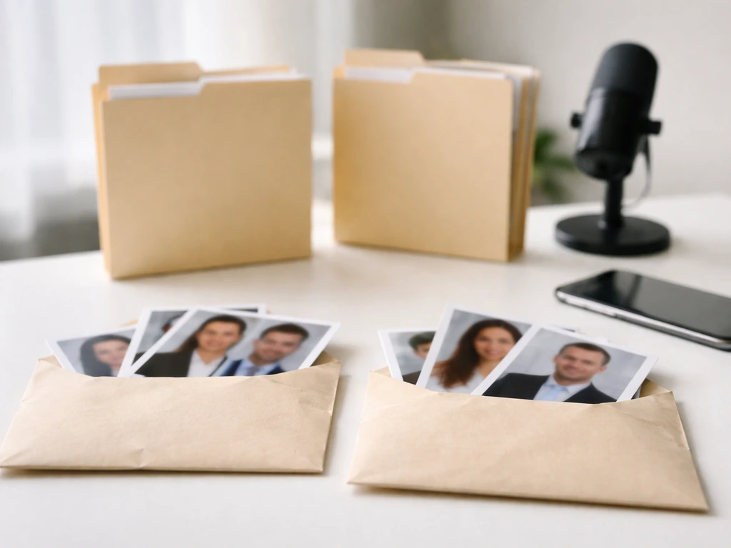 Minimal desk scene with multiple profile envelopes and a microphone base, symbolizing verifying identities.
