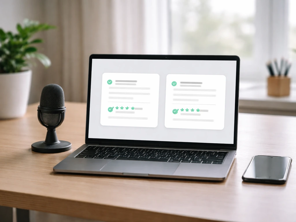Minimal office desk with a laptop showing blurred financial estimate cards and research tools.