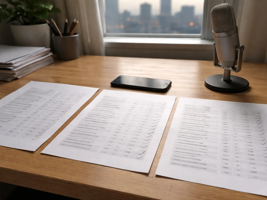 Minimal desk scene with blurred financial pages and a microphone, symbolizing comparing sources and trust
