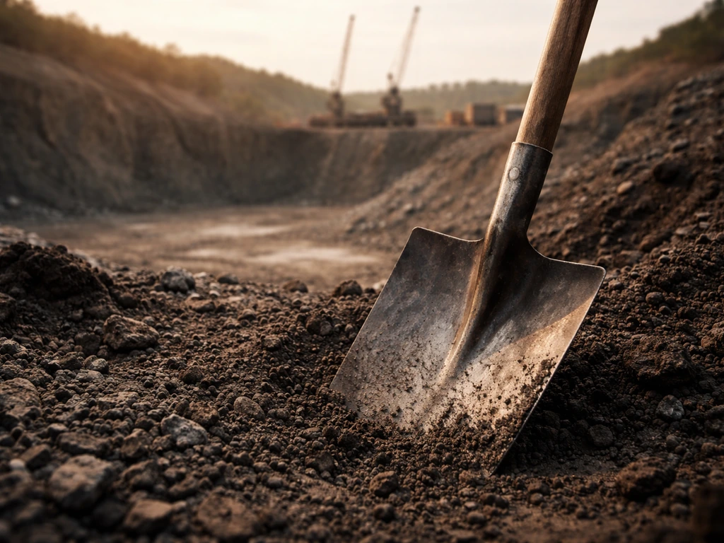 Mining-themed hero image: excavator equipment and a shovel in rocky soil, symbolizing resources and wealth.