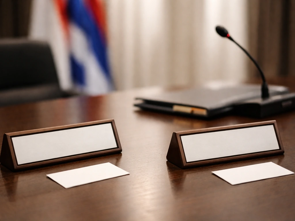 Minimal office tabletop with two face-down nameplates and blank cards suggesting multiple Aleksandar Ilic identities.