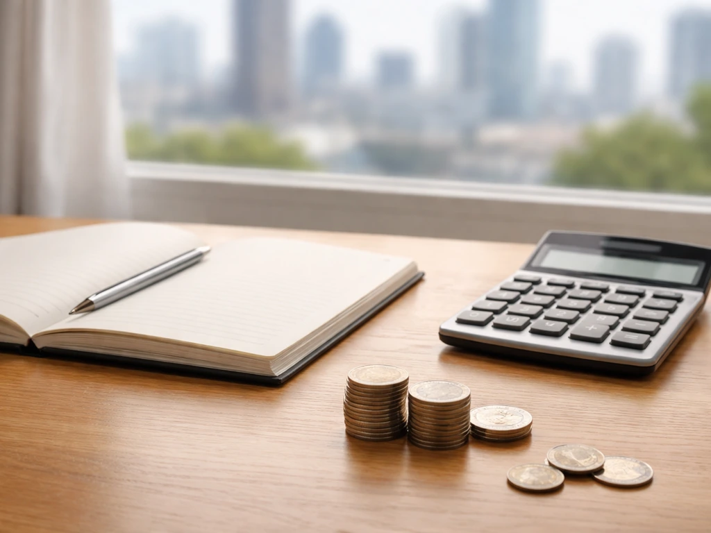 Minimal photo of a desk with a notebook, calculator, and scattered coins symbolizing insider-derived net worth range.
