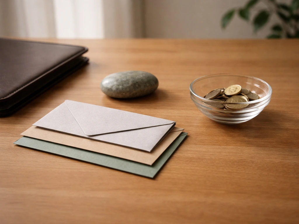 Minimal finance desk with coins, a token, and stacked envelopes symbolizing equity holdings value range.