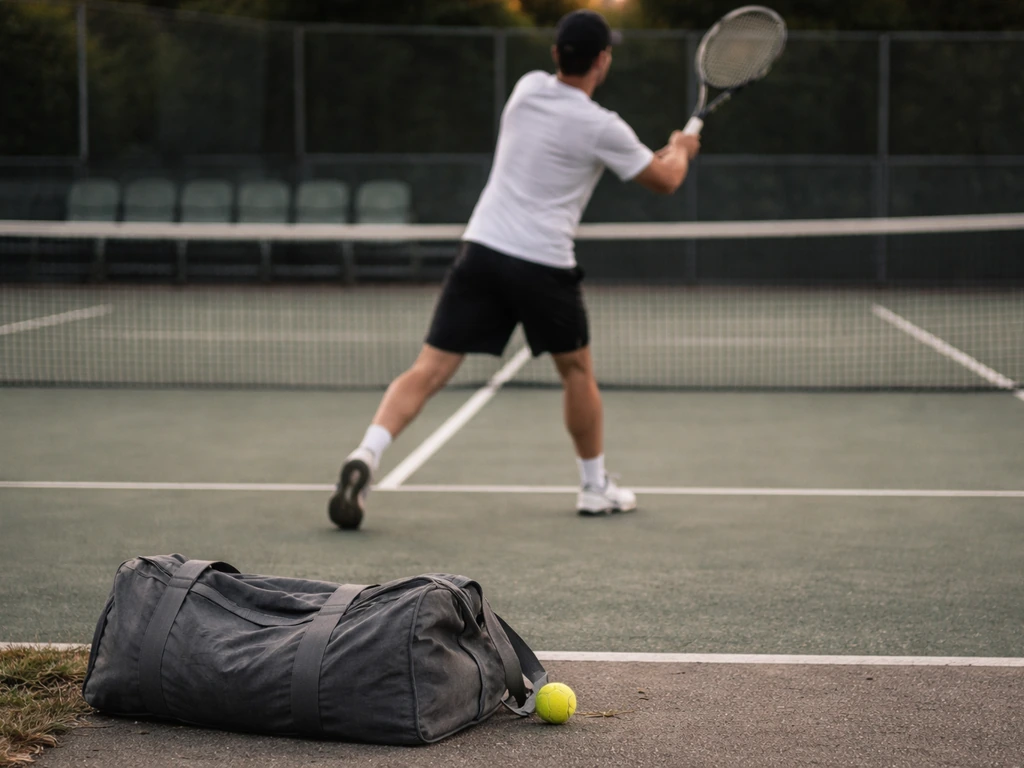 Anonymous tennis player swings on a quiet court with a duffel bag nearby.