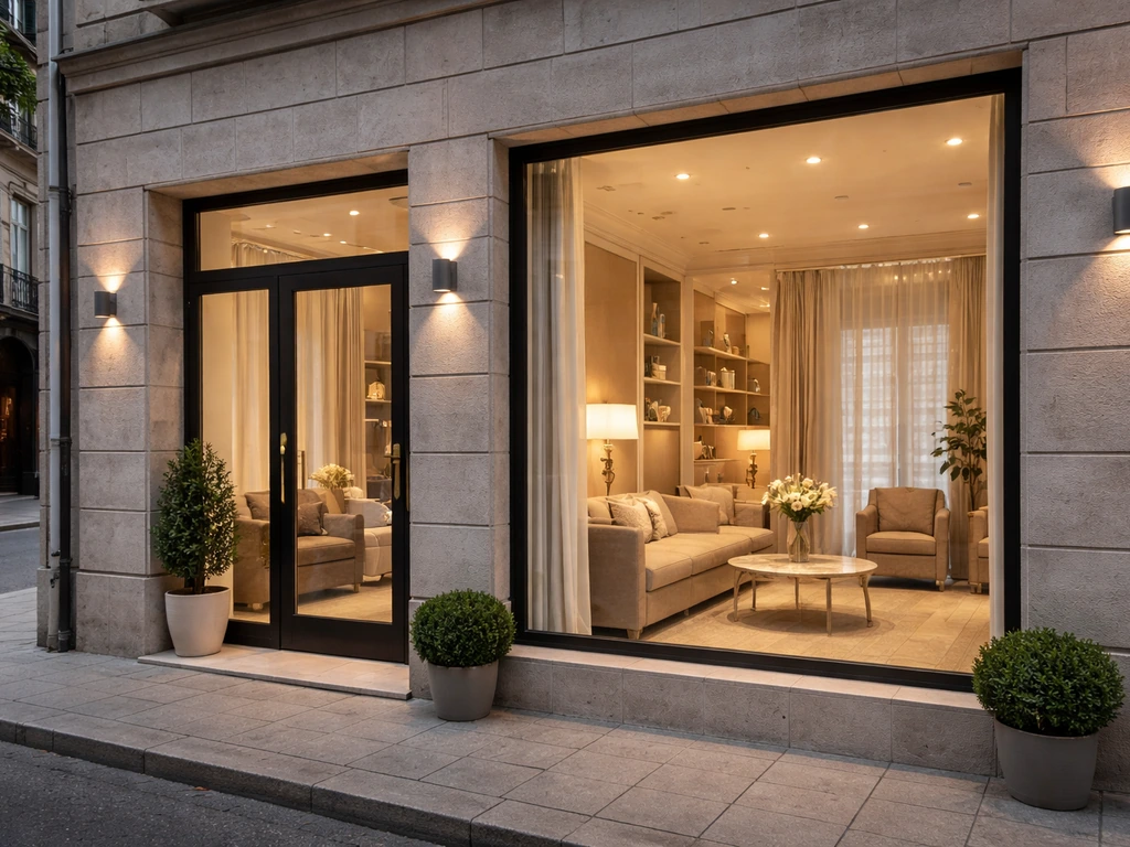 Street-level view of an elegant Serbian storefront with warm light and no people, suggesting hospitality or real estate.