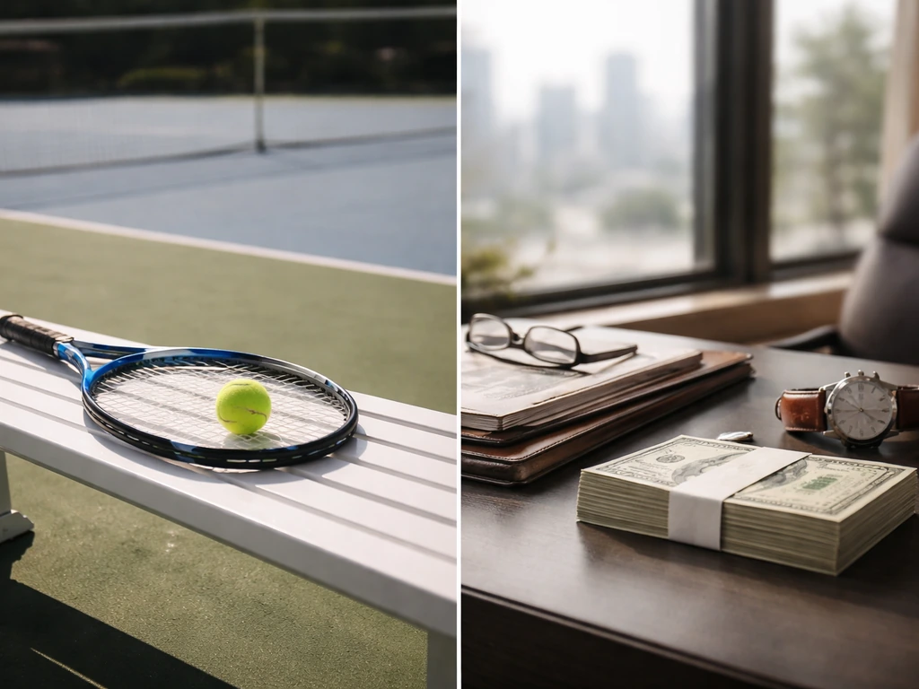 Split scene showing luxury tennis-style lifestyle on one side and money-focused business office on the other.