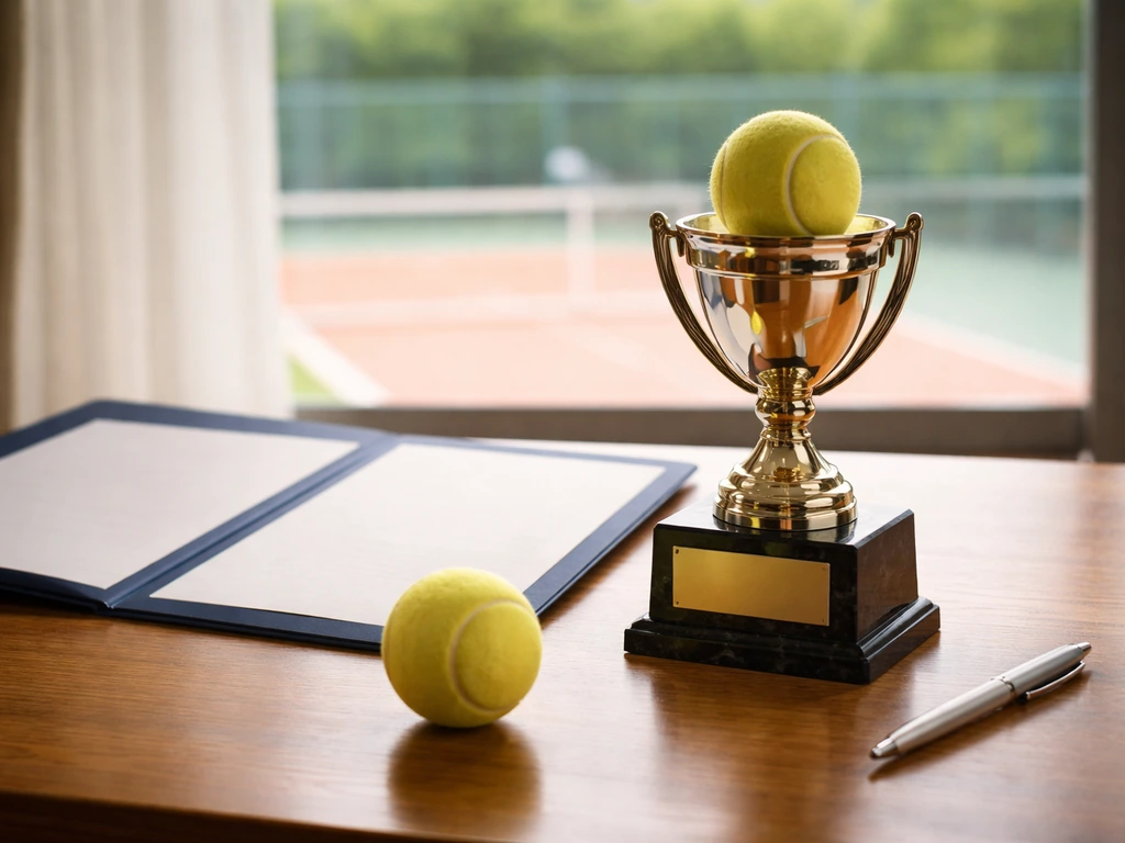 Single tennis trophy and ball on a desk with blurred court light, implying tournament prize money.