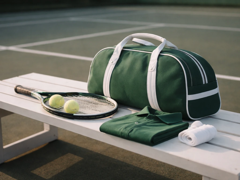 Lacoste-style green tennis bag and matching polo on a bench at an outdoor court