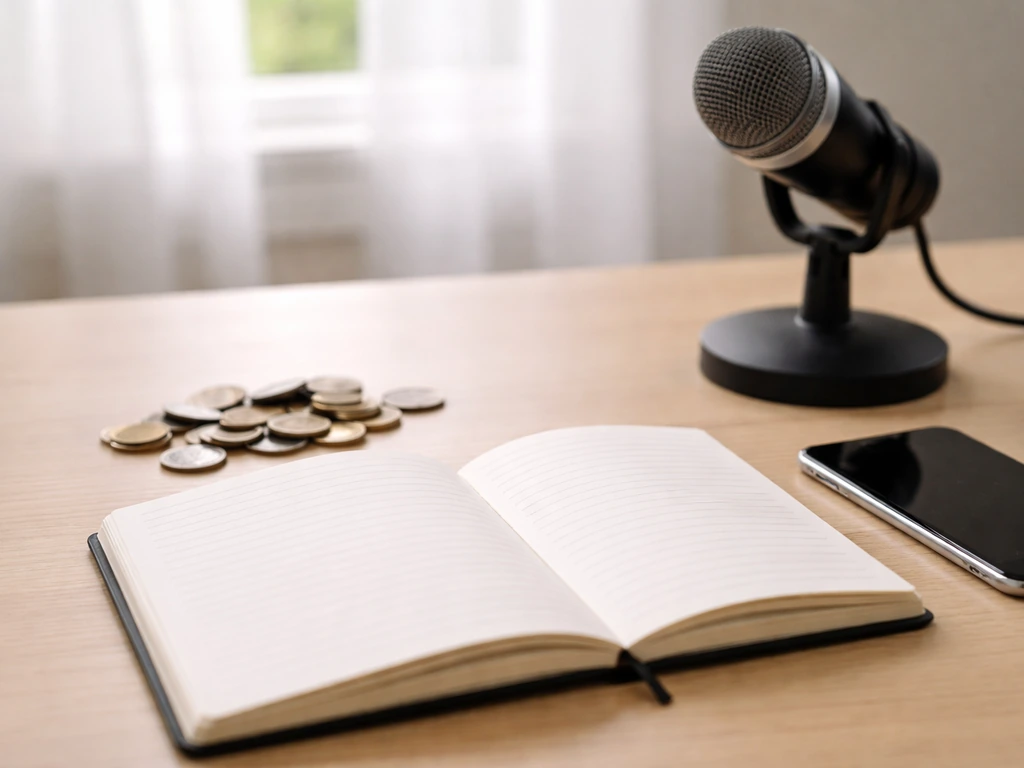 Minimal photo of an open notebook with coins and a microphone, suggesting calculating net worth inputs.
