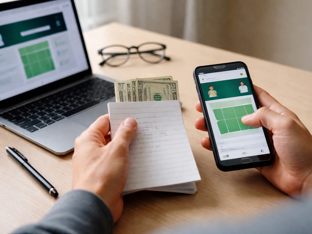 Anonymous hands cross-check notes with a smartphone and cash on a simple desk.