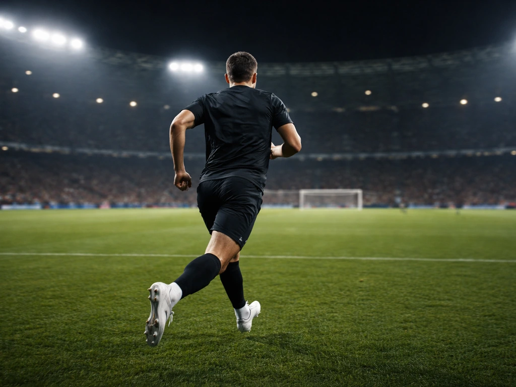 Anonymous footballer in a stadium under lights, suggesting Luka Jović’s pro striker identity without showing him.