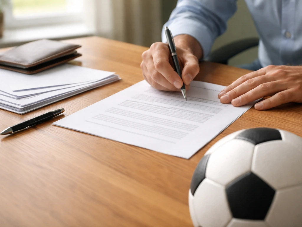 Hands signing a football-themed contract on a desk with a soccer ball and watch, symbolizing contract-based earnings.