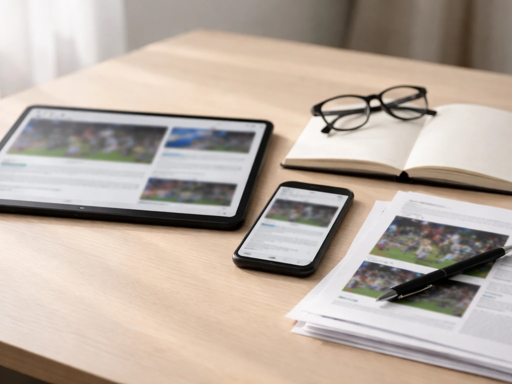 Minimal desk with tablet and smartphone showing blurred sports news, plus blank notebook and papers for verification.