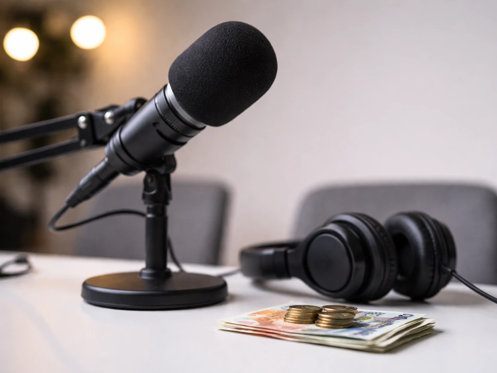 Close-up of a microphone and headphones beside coins on a simple studio desk.
