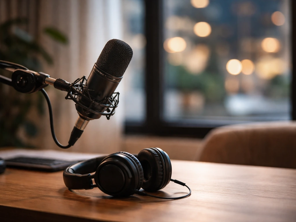 Anonymous music and TV media scene with microphone and a subtle luxury setting implying celebrity wealth research