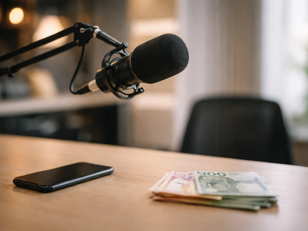 Minimal photo of a studio desk with a microphone and a small stack of euro bills, symbolizing media earnings.