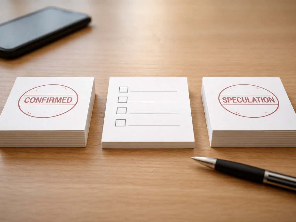 Minimal desk setup showing two evidence badges labeled confirmed and speculation with a simple checklist card.
