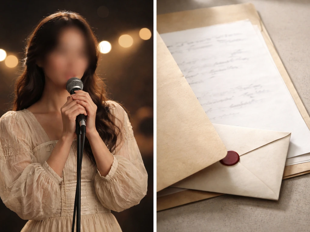 An anonymous singer with microphone beside an aged, blurred document placeholder suggesting identity confusion.