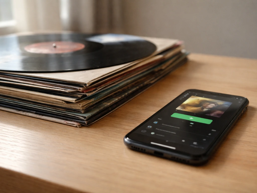 Close-up of vinyl records and a phone showing a music streaming screen, symbolizing catalog and streaming.