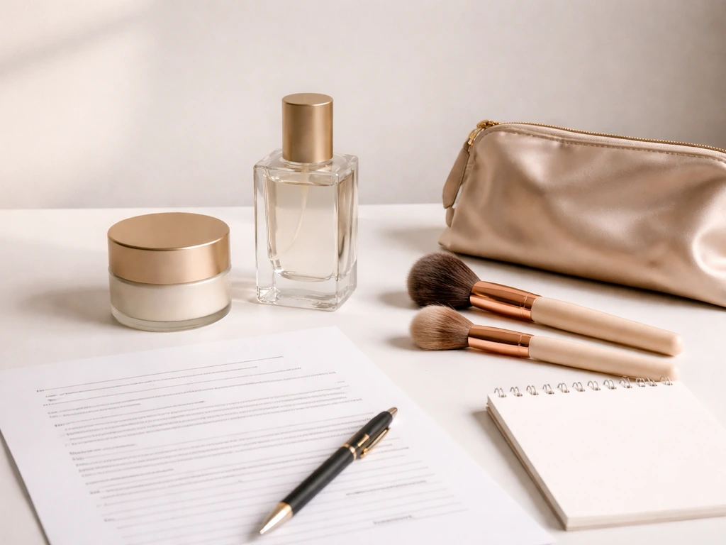 Minimal cosmetics studio still life with perfume, jar, brushes, and blank release-form paper.