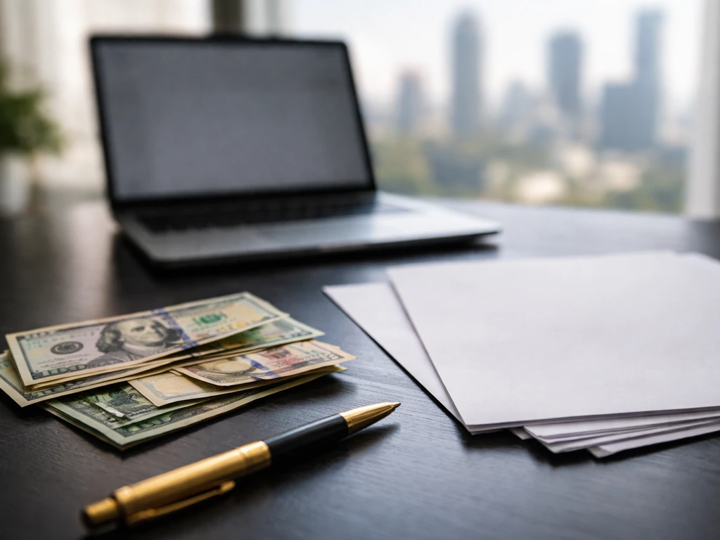 Minimal desk scene with open laptop, blank documents, and money symbolizing differing net worth reports