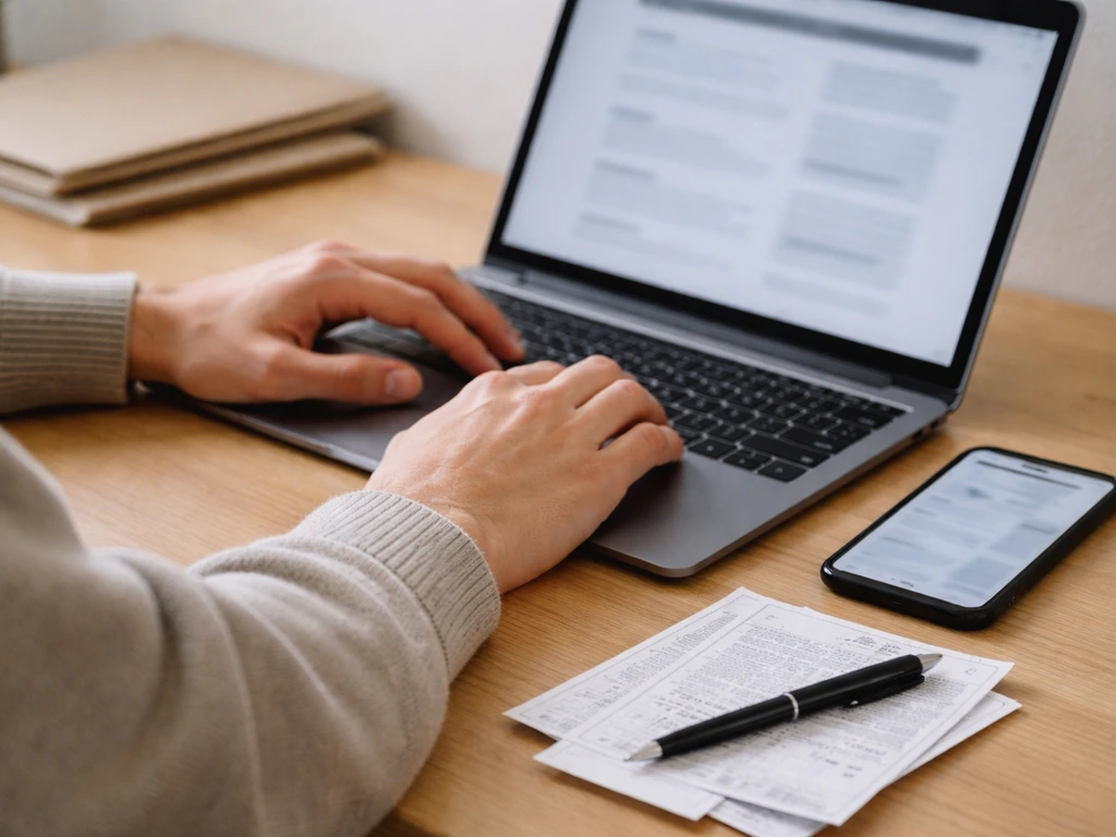 Person at a desk cross-checking an online estimate on a laptop with notes and receipt icons