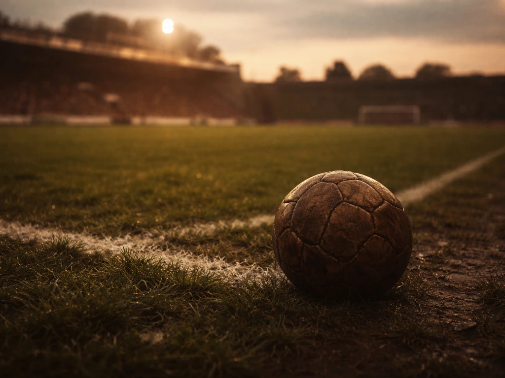 Worn soccer ball on stadium grass at dusk, archival-style scene evoking a football legacy.