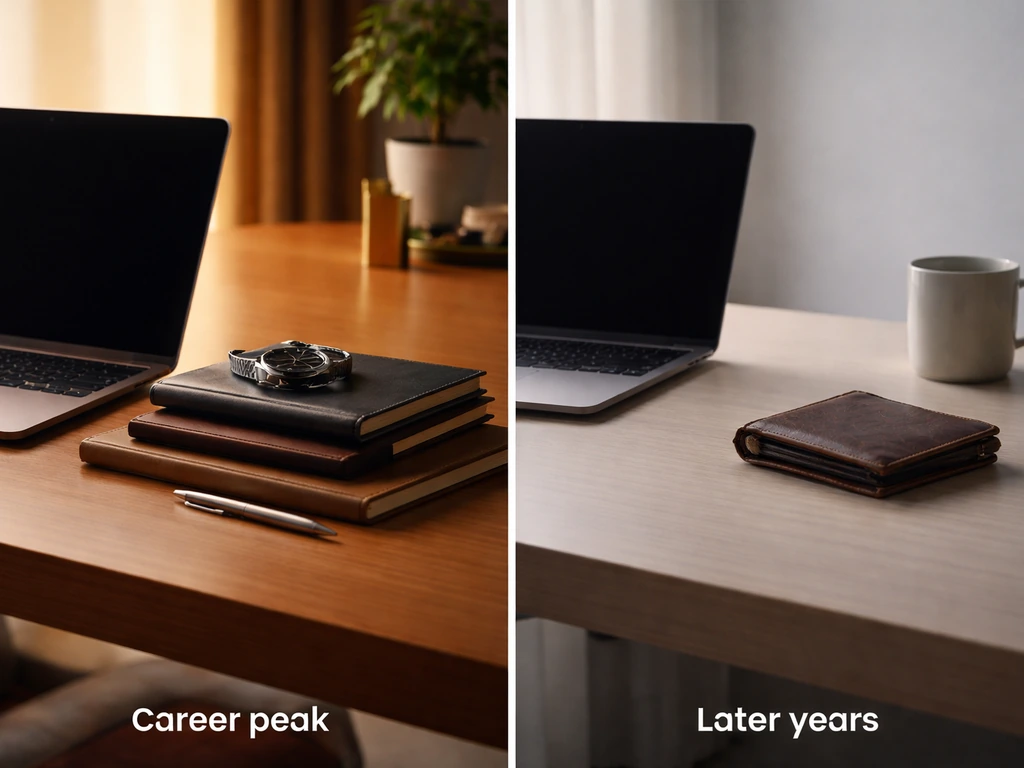 Split view of a simple desk scene with one side showing luxury details and the other a quieter, later-life setting