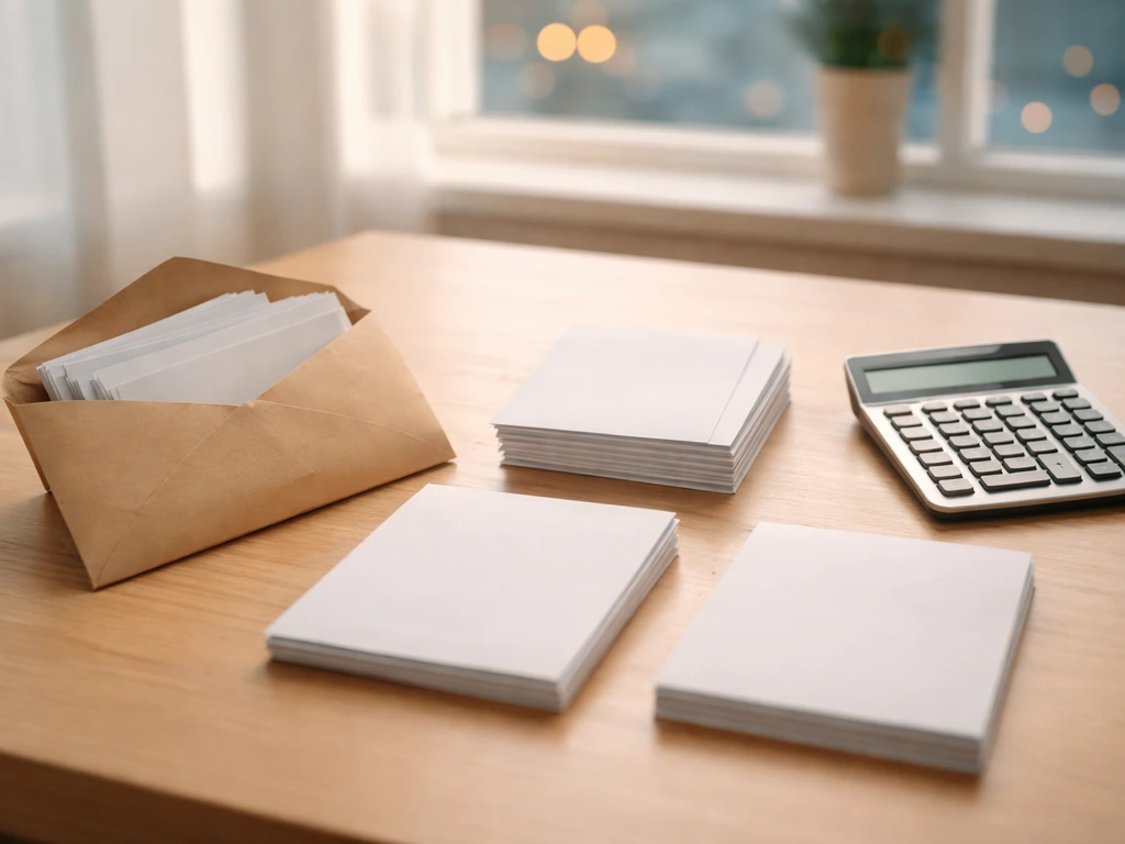 Minimal photo of a tidy business desk with envelopes and a calculator, suggesting pay and contract structure
