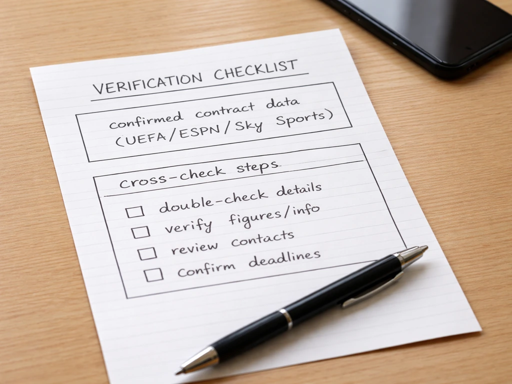 Minimal desk photo of a handwritten verification checklist with boxed areas and checkboxes for contract checks.