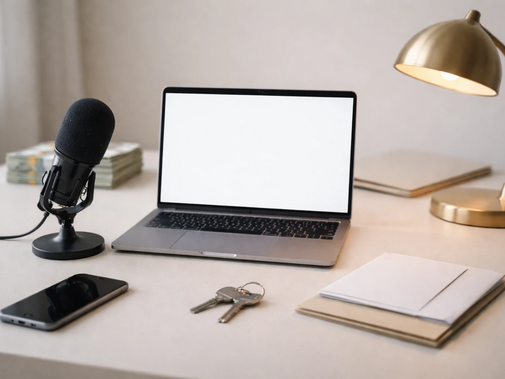 Minimal office desk with laptop, microphone, and money as a neutral verification-themed reference image.