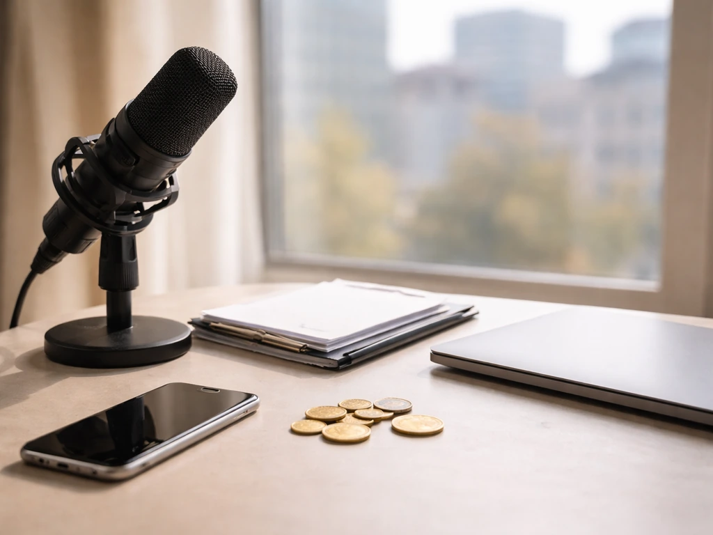 Minimal desk with microphone, phone, documents, and euro coins suggesting media earnings and wealth building