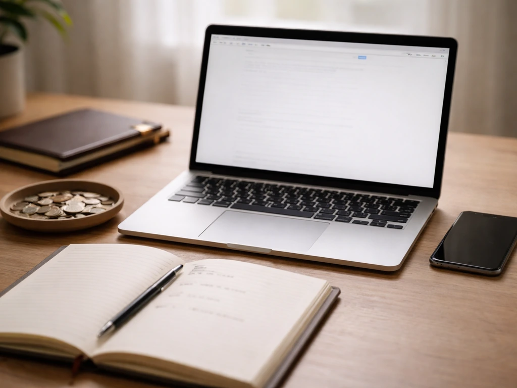 Minimal desk scene with laptop and phone beside coins and a notebook, symbolizing verifying financial info.