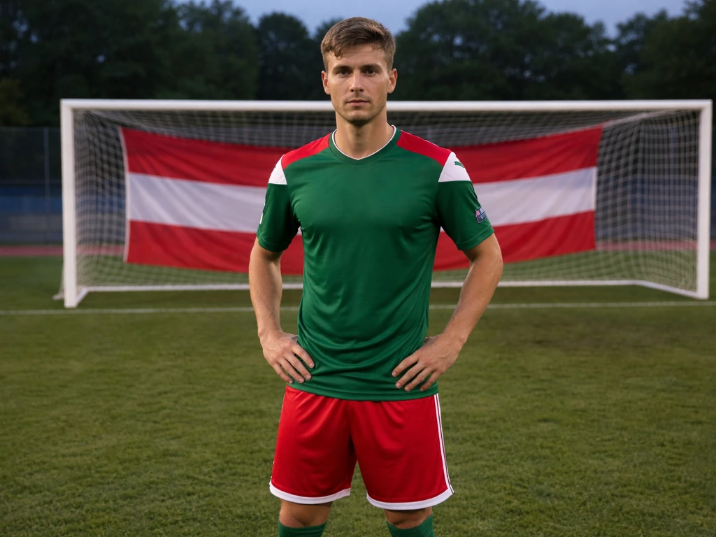 Generic Austrian footballer in a kit on a stadium pitch with a subtle red-white flag in the background.