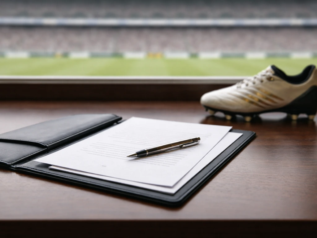 Minimal desk scene with an open contract folder and pen, with an out-of-focus stadium background.