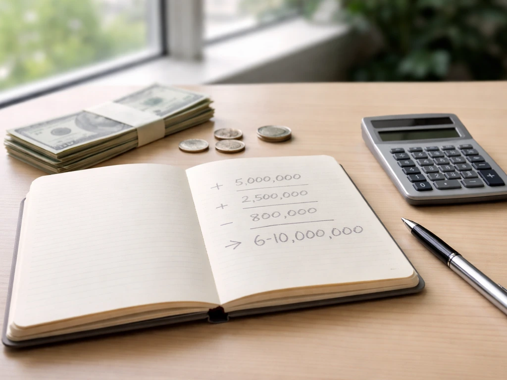 Close-up of a notebook and calculator with handwritten placeholder money figures and a simple formula layout