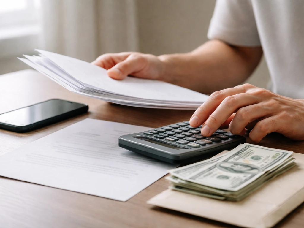 Person reviewing financial documents on a desk with a calculator and a phone, symbolic money-checking vibe
